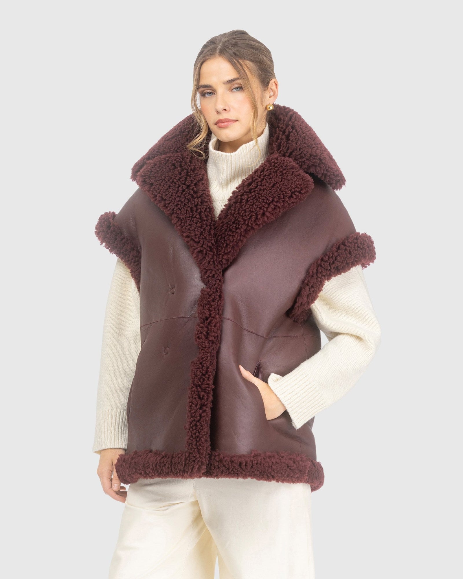 Curly Shearling Lamb Reversible Vest | Burgundy/Burgundy