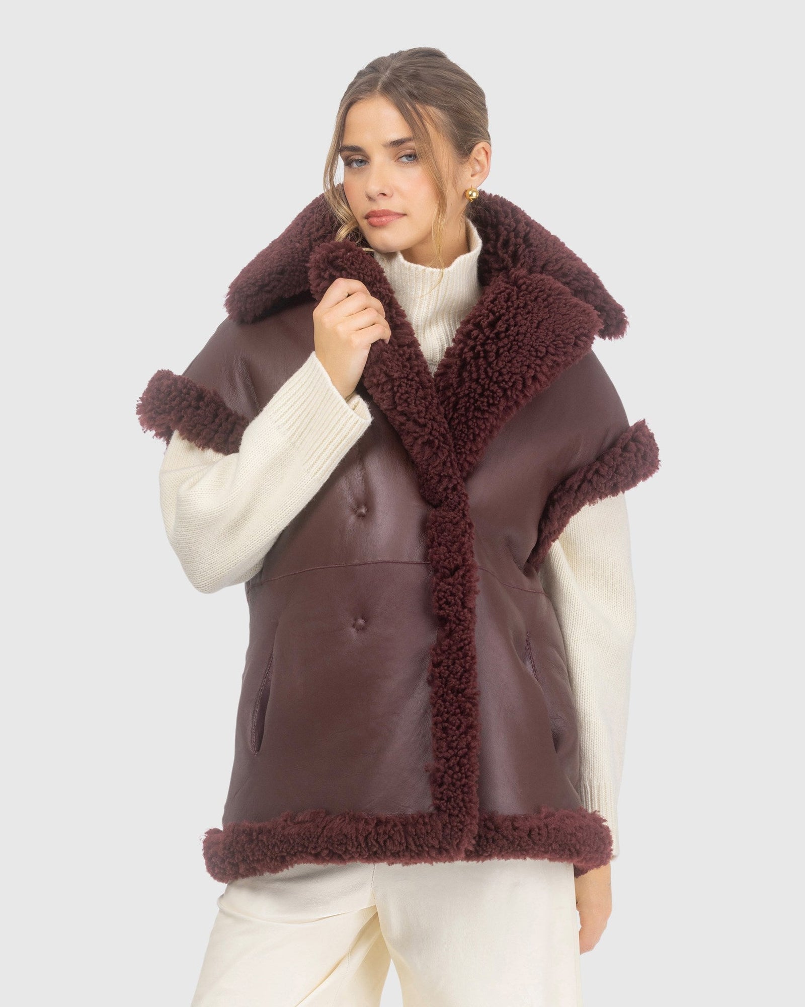 Curly Shearling Lamb Reversible Vest | Burgundy/Burgundy