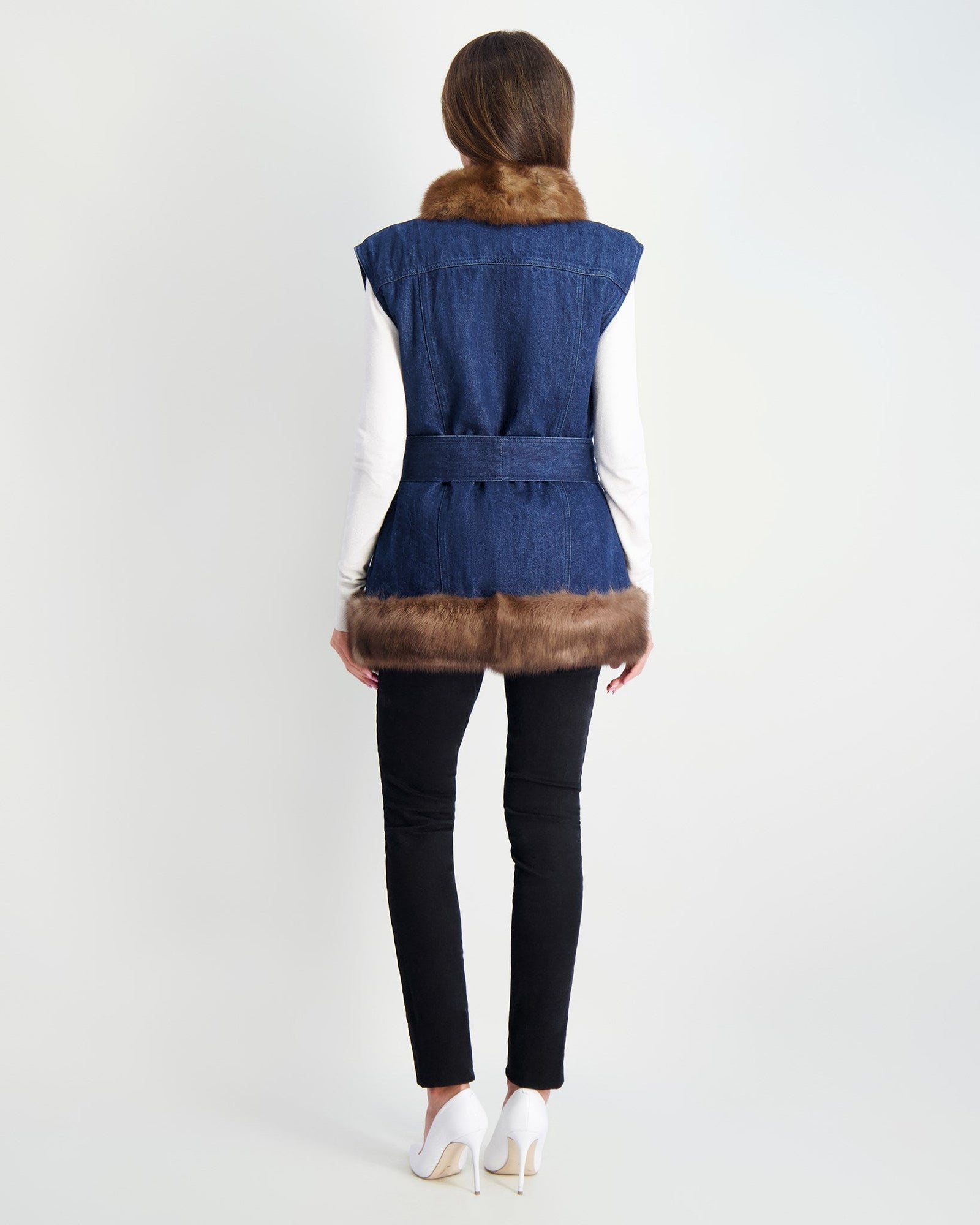 Vest With Sable Trim | Women | Denim x Brown