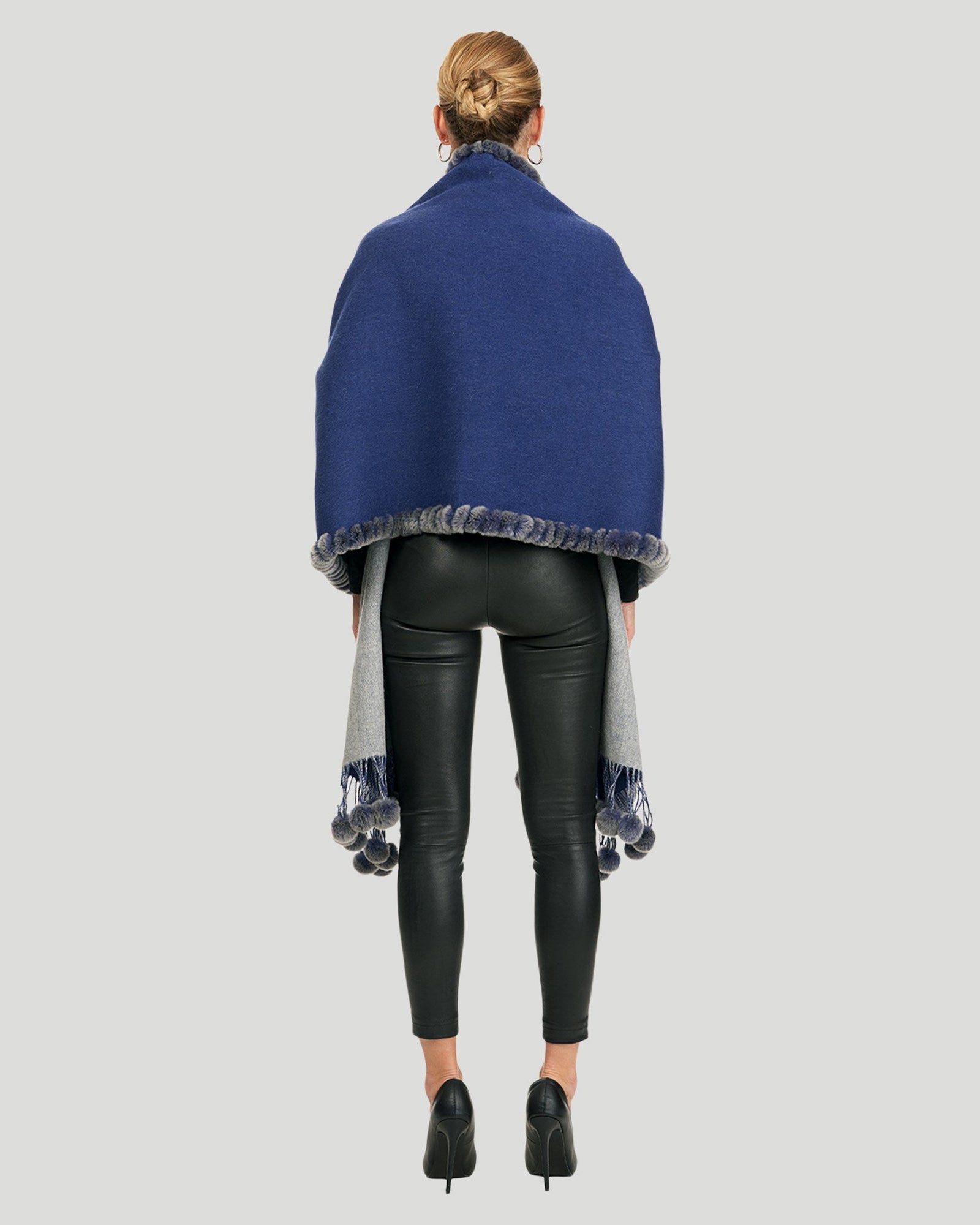 Double Face Cashmere And Wool Stole With Re Rabbit Trim | Women | Blue x Gray