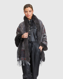 Double Face Cashmere Stole With Fox Fur Trim | Gray Paisley/Animal Print