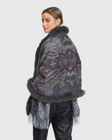 Double Face Cashmere Stole With Fox Fur Trim | Gray Paisley/Animal Print