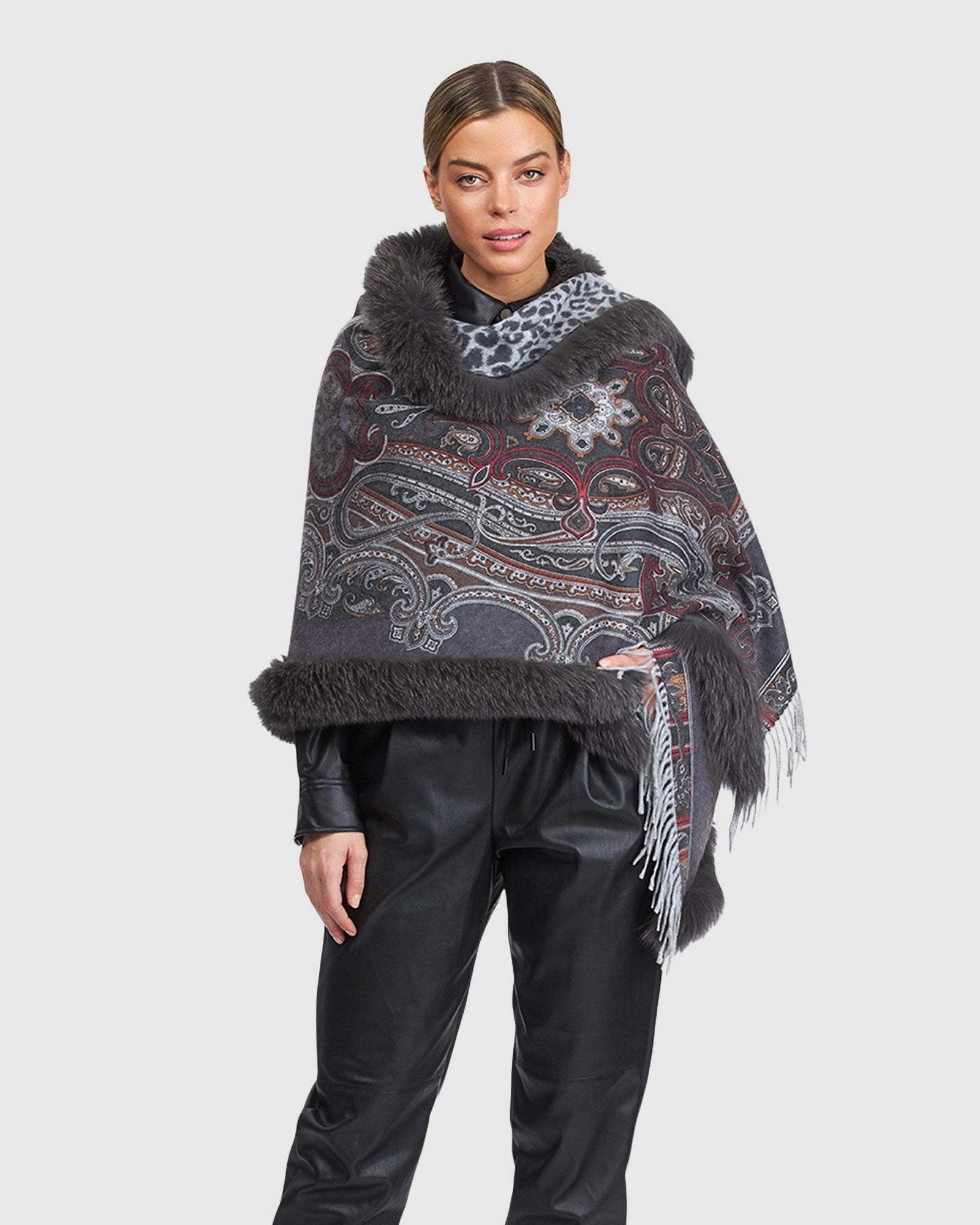 Double Face Cashmere Stole With Fox Fur Trim | Gray Paisley/Animal Print