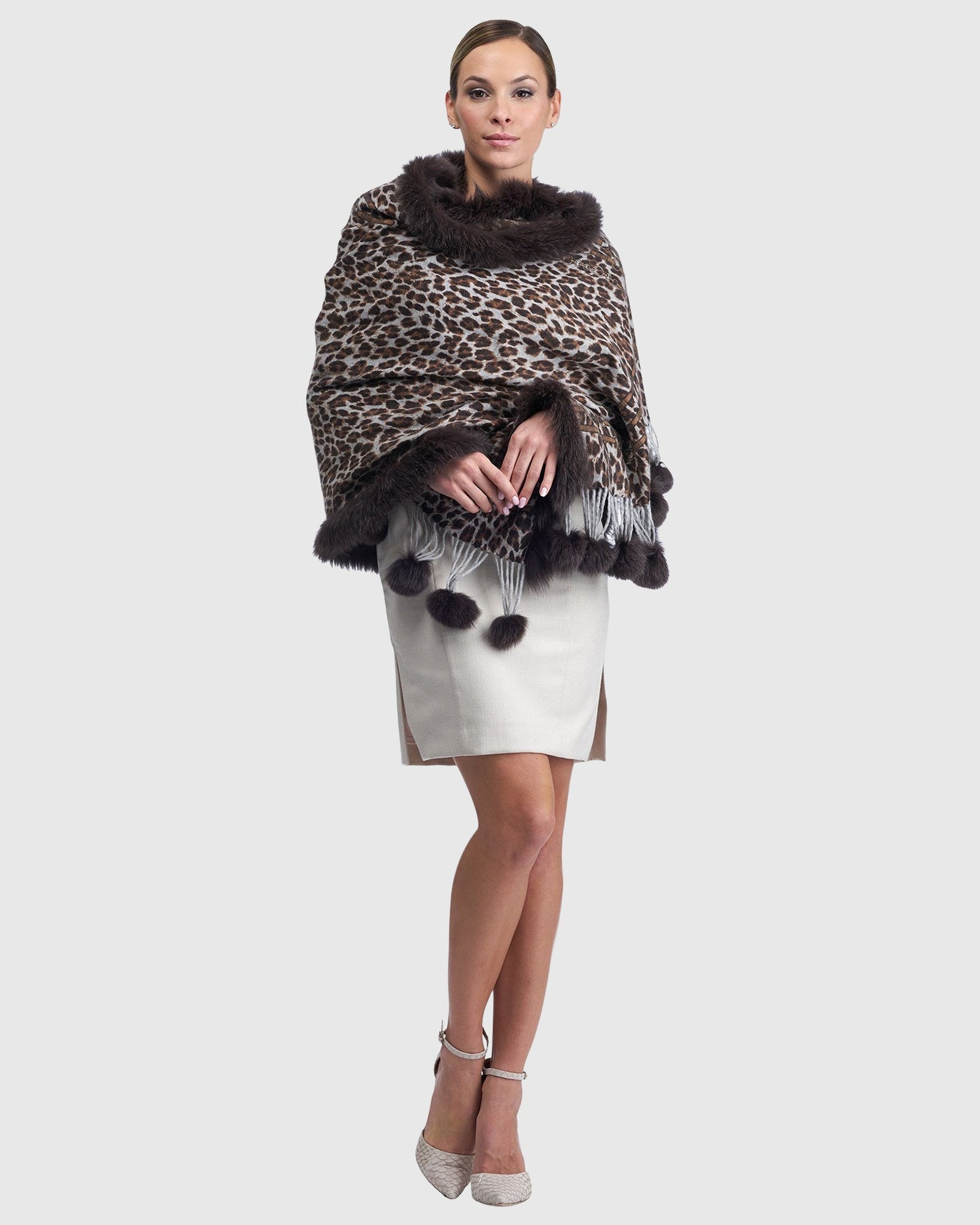 Double Face Cashmere Stole With Fox Trim | Brown Animal Print/Houndstooth