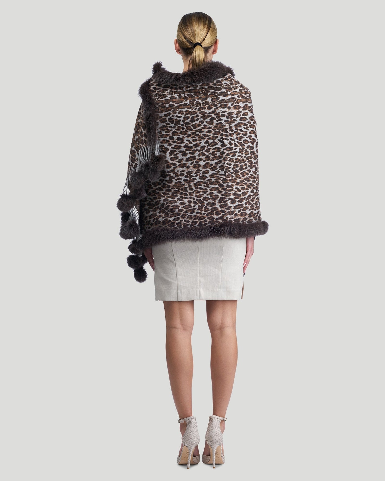 Double Face Cashmere Stole With Fo Trim | Women | Brown Animal Print x Houndstooth