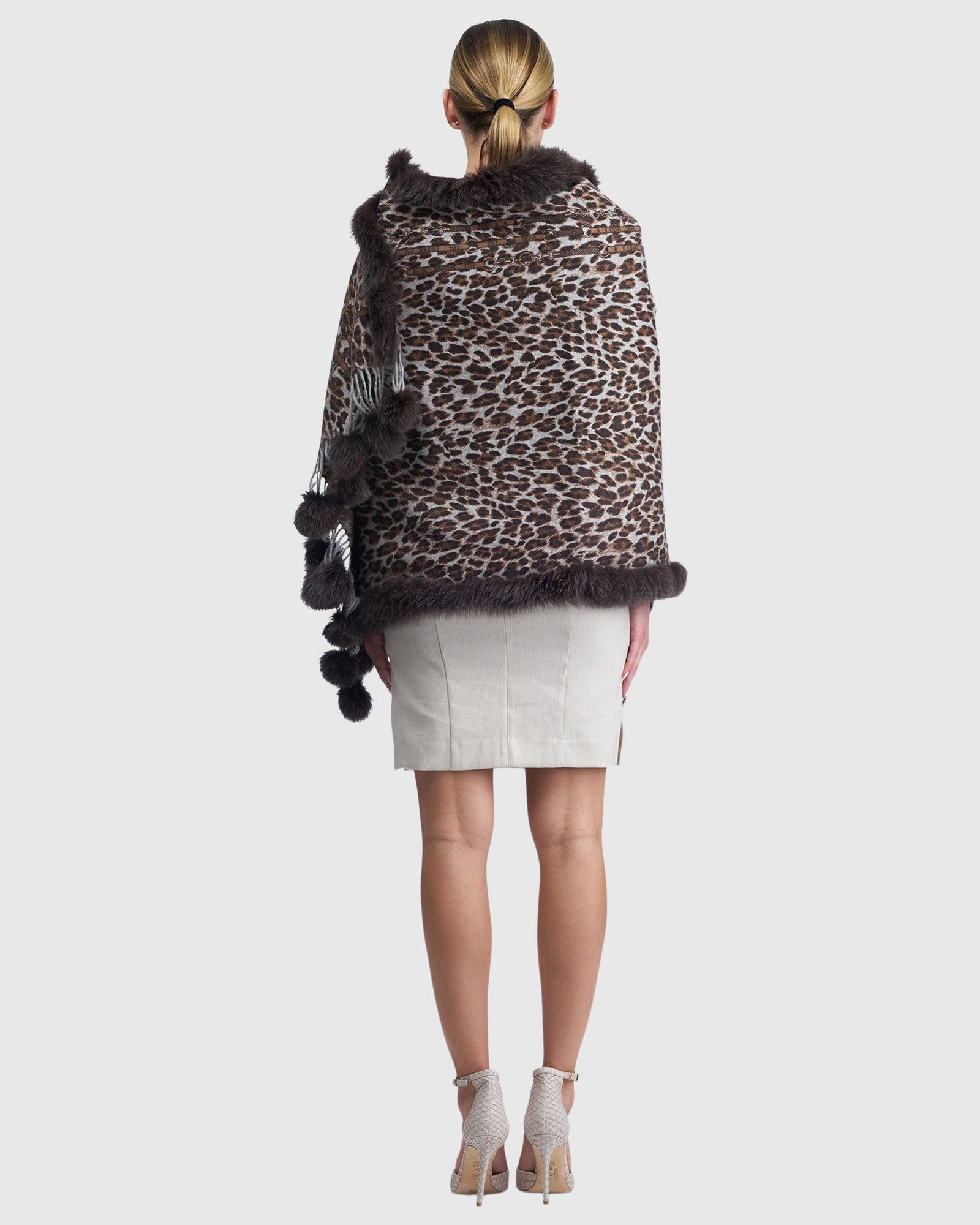 Double Face Cashmere Stole With Fox Trim | Brown Animal Print/Houndstooth