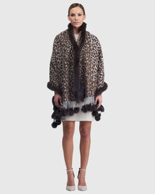 Double Face Cashmere Stole With Fox Trim | Brown Animal Print/Houndstooth