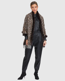 Double Face Cashmere Stole With Rex Rabbit Fur Trim | Brown Animal Print/Houndstooth