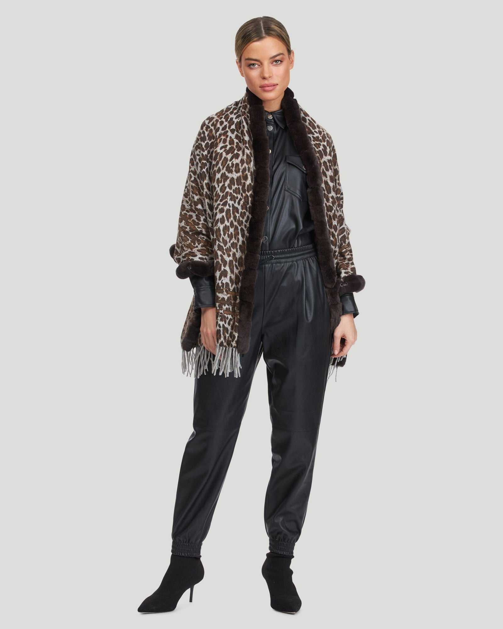 Double Face Cashmere Stole With Re Rabbit Fur Trim | Women | Brown Animal Print x Houndstooth