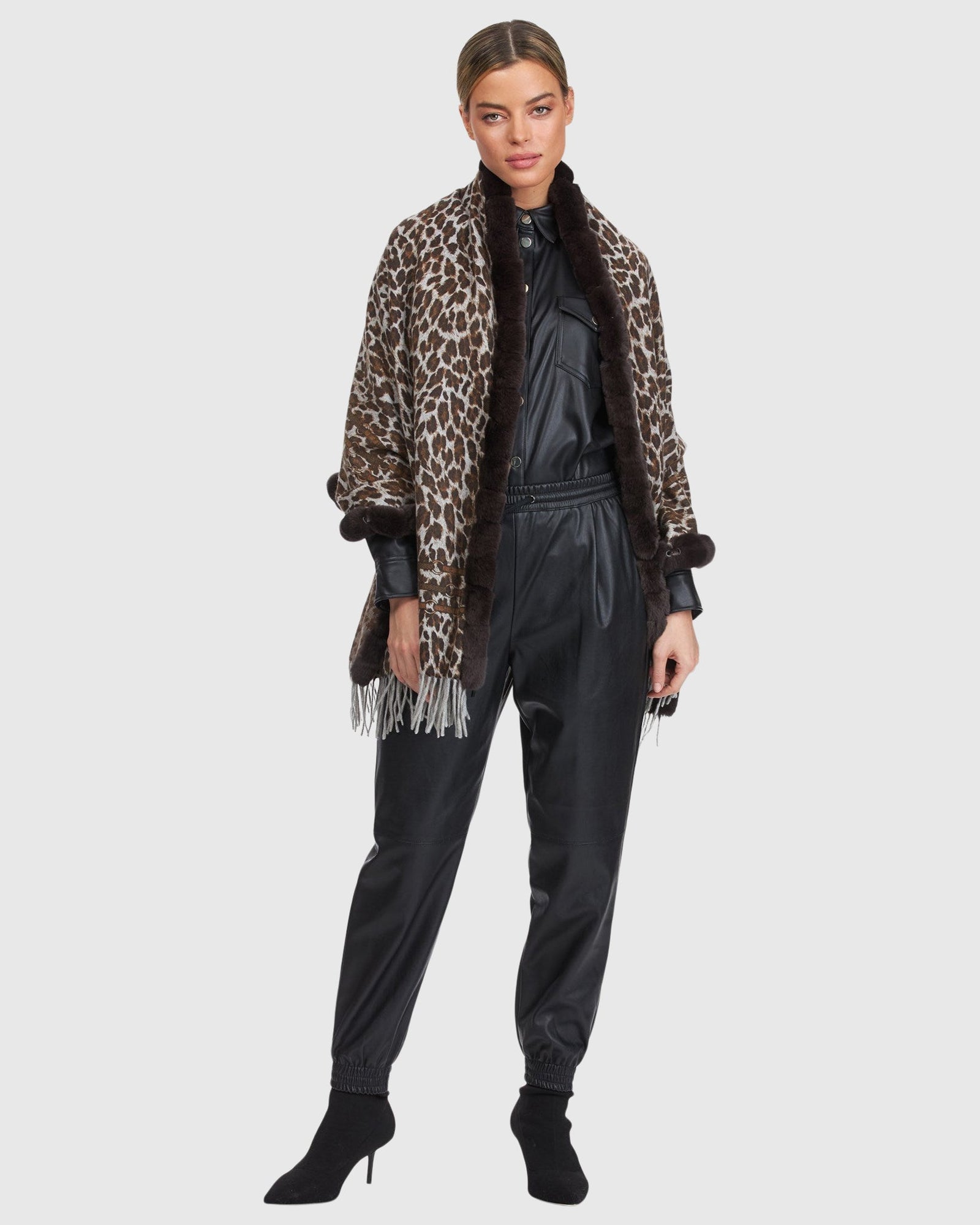 Double Face Cashmere Stole With Rex Rabbit Fur Trim | Brown Animal Print/Houndstooth