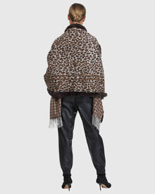 Double Face Cashmere Stole With Rex Rabbit Fur Trim | Brown Animal Print/Houndstooth