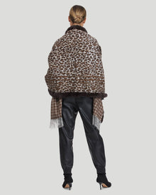 Double Face Cashmere Stole With Re Rabbit Fur Trim | Women | Brown Animal Print x Houndstooth