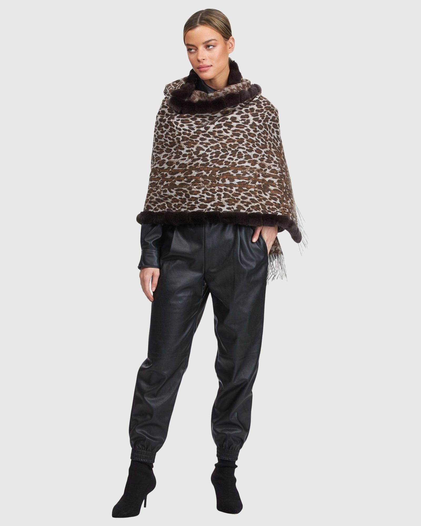 Double Face Cashmere Stole With Rex Rabbit Fur Trim | Brown Animal Print/Houndstooth