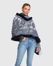 Double Face Cashmere Stole With Rex Rabbit Top And Bottom | Navy Paisley/Animal Print