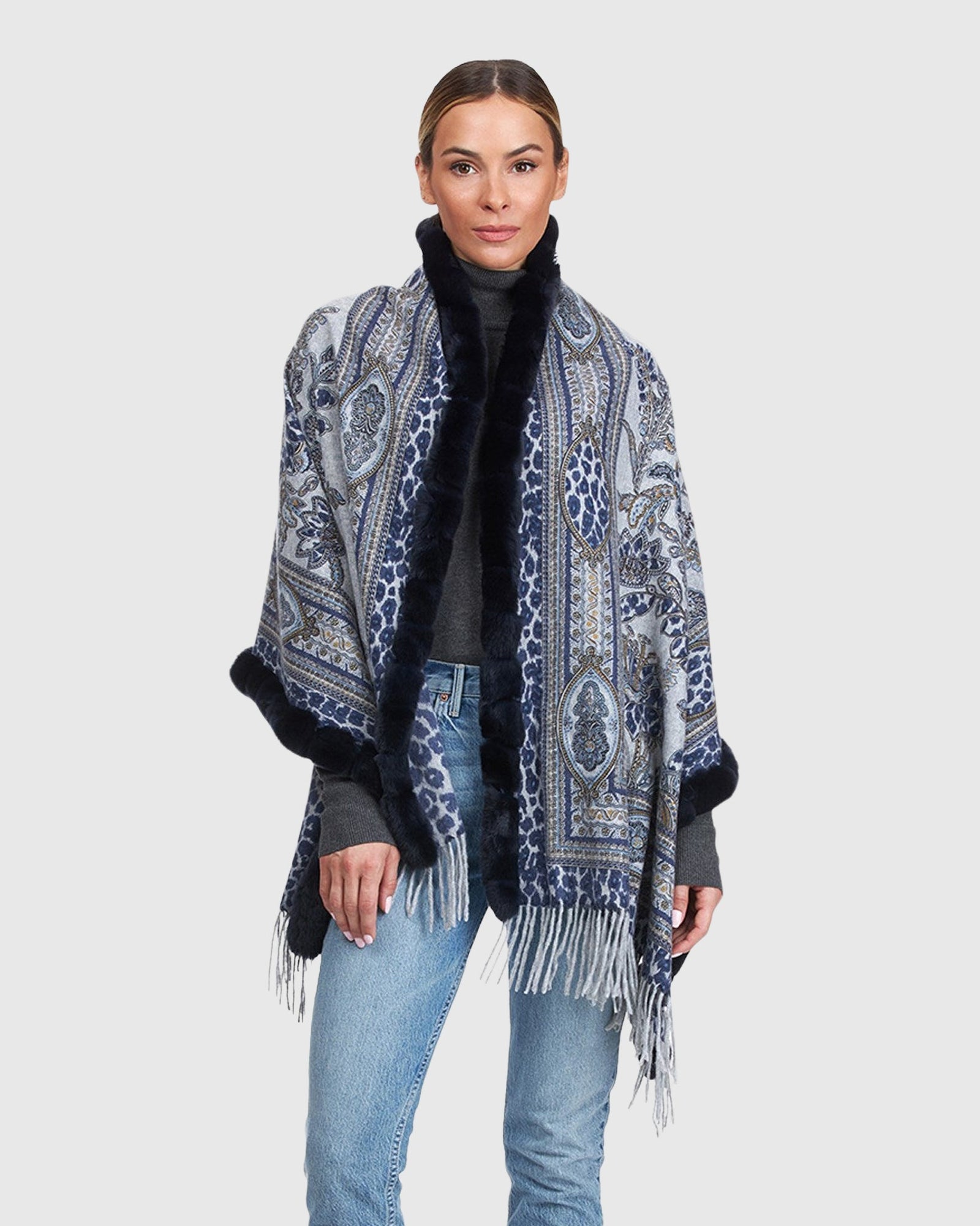 Double Face Cashmere Stole With Rex Rabbit Top And Bottom | Navy Paisley/Animal Print