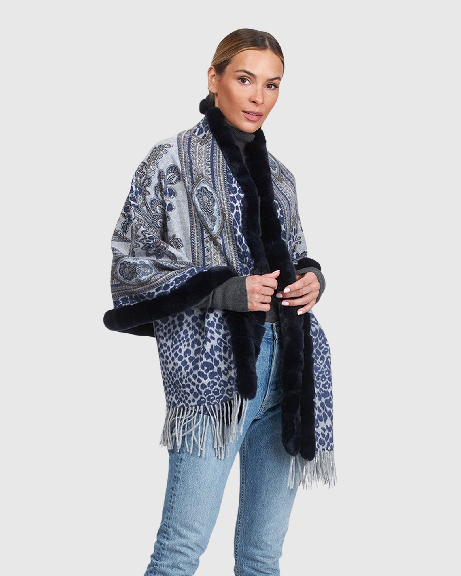 Double Face Cashmere Stole With Rex Rabbit Top And Bottom | Navy Paisley/Animal Print