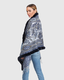 Double Face Cashmere Stole With Rex Rabbit Top And Bottom | Navy Paisley/Animal Print