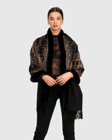 Double Face Cashmere Stole With Rex Rabbit Trim | Black Paisley