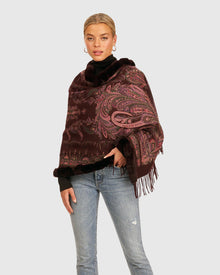 Double Face Cashmere Stole With Rex Rabbit Trim | Wine Paisley