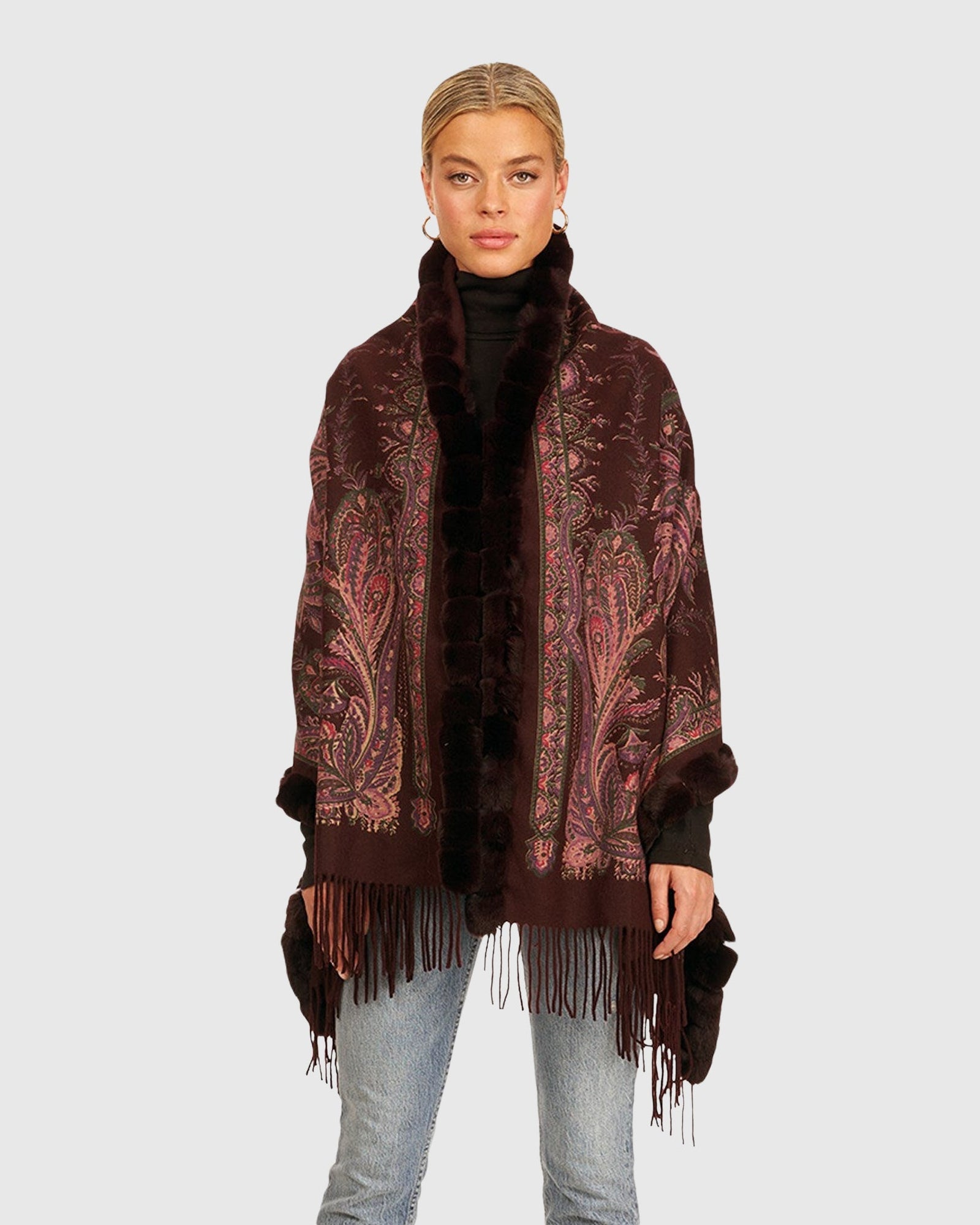 Double Face Cashmere Stole With Rex Rabbit Trim | Wine Paisley