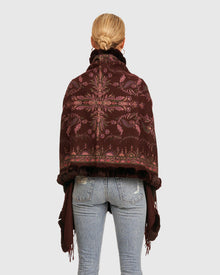Double Face Cashmere Stole With Rex Rabbit Trim | Wine Paisley