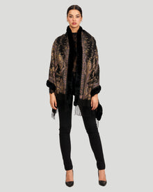 Double Face Cashmere Stole With Rex Rabbit Trim | Women | Black Paisley