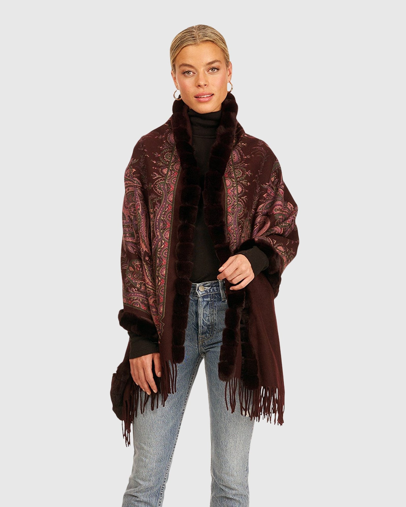 Double Face Cashmere Stole With Rex Rabbit Trim | Wine Paisley