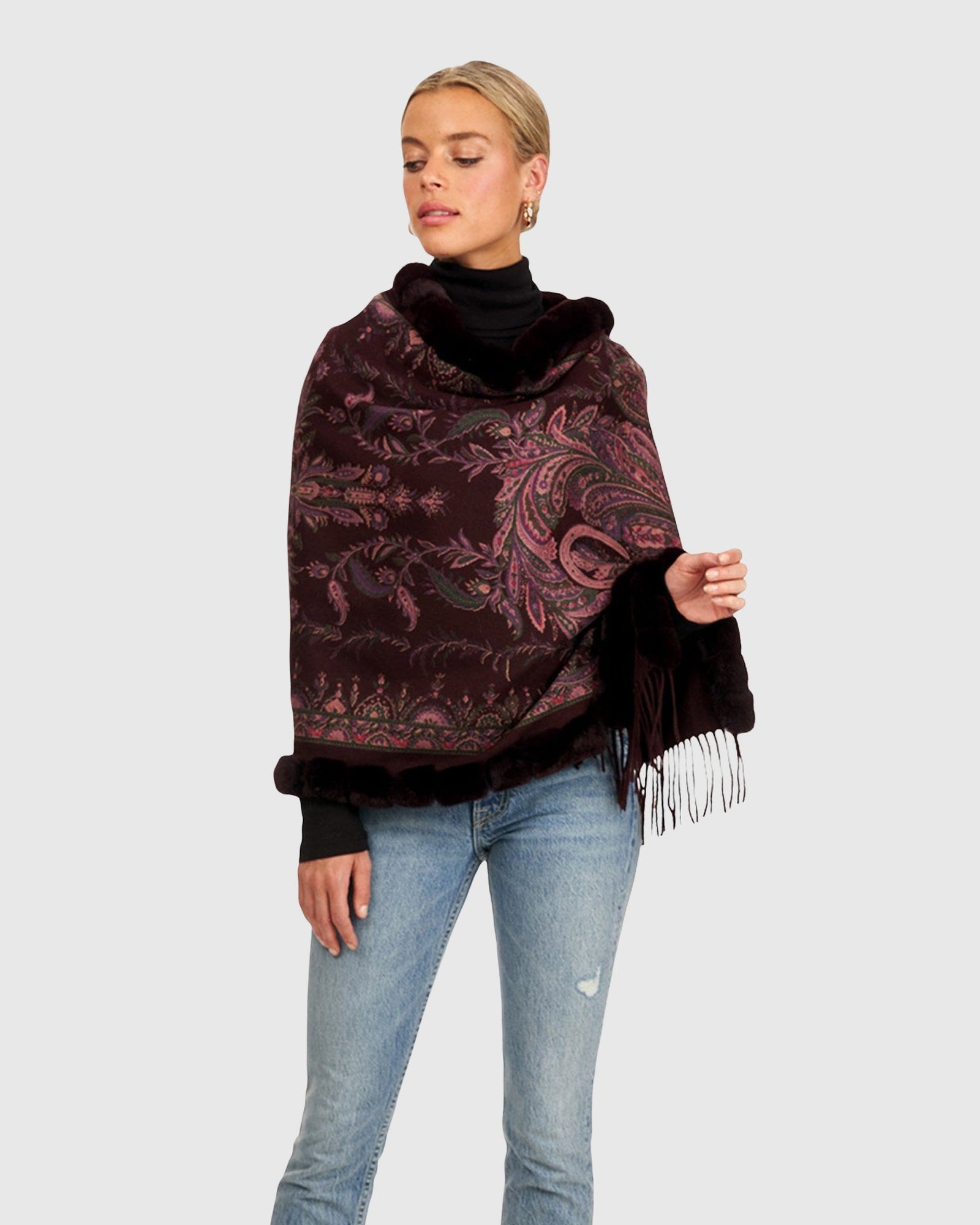 Double Face Cashmere Stole With Rex Rabbit Trim | Wine Paisley