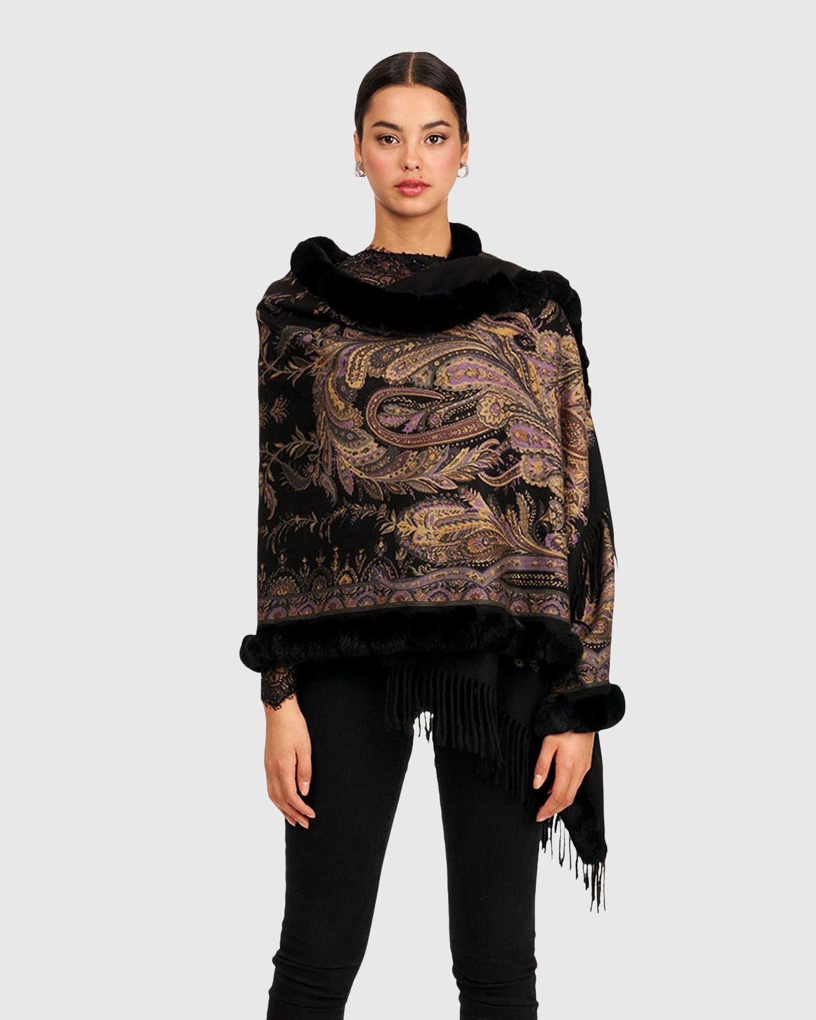Double Face Cashmere Stole With Rex Rabbit Trim | Black Paisley