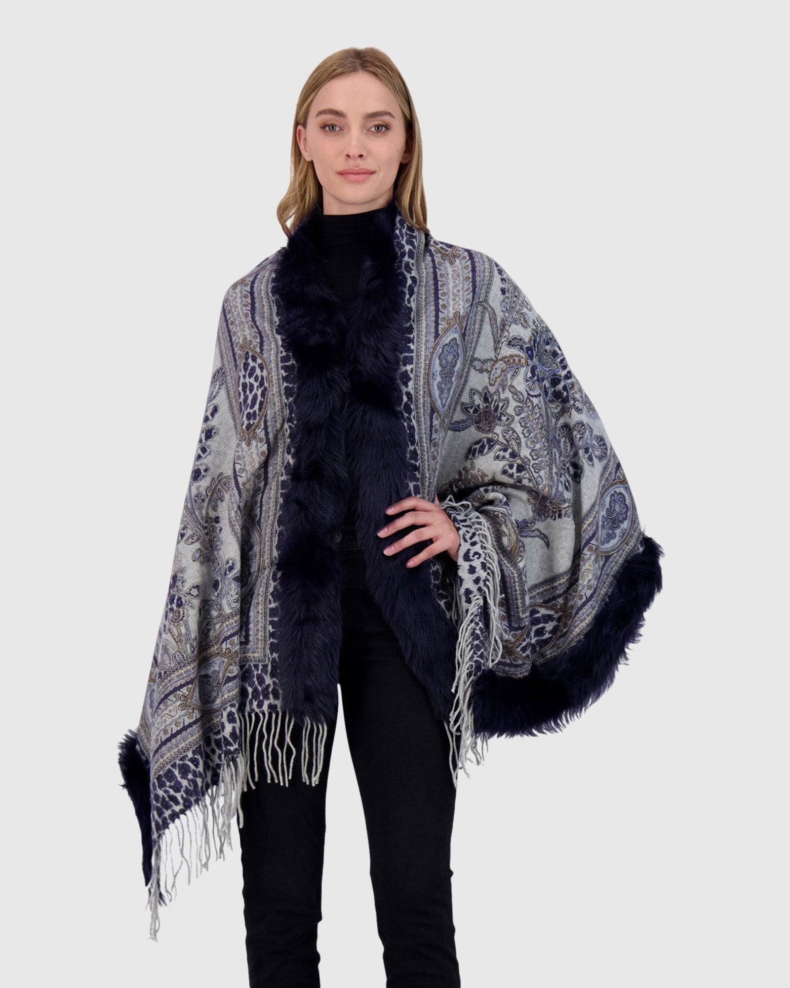 Double Face Stole With Toscana Lamb Trim | Navy Paisley/Animal Print