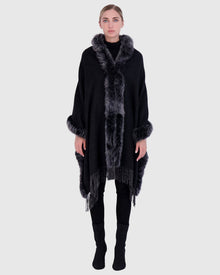 Double Face Cashmere & Wool Stole with Select Lamb Trim | Black/Gray