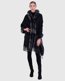 Double Face Cashmere & Wool Stole with Select Lamb Trim | Black/Gray