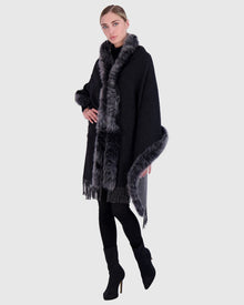 Double Face Cashmere & Wool Stole with Select Lamb Trim | Black/Gray
