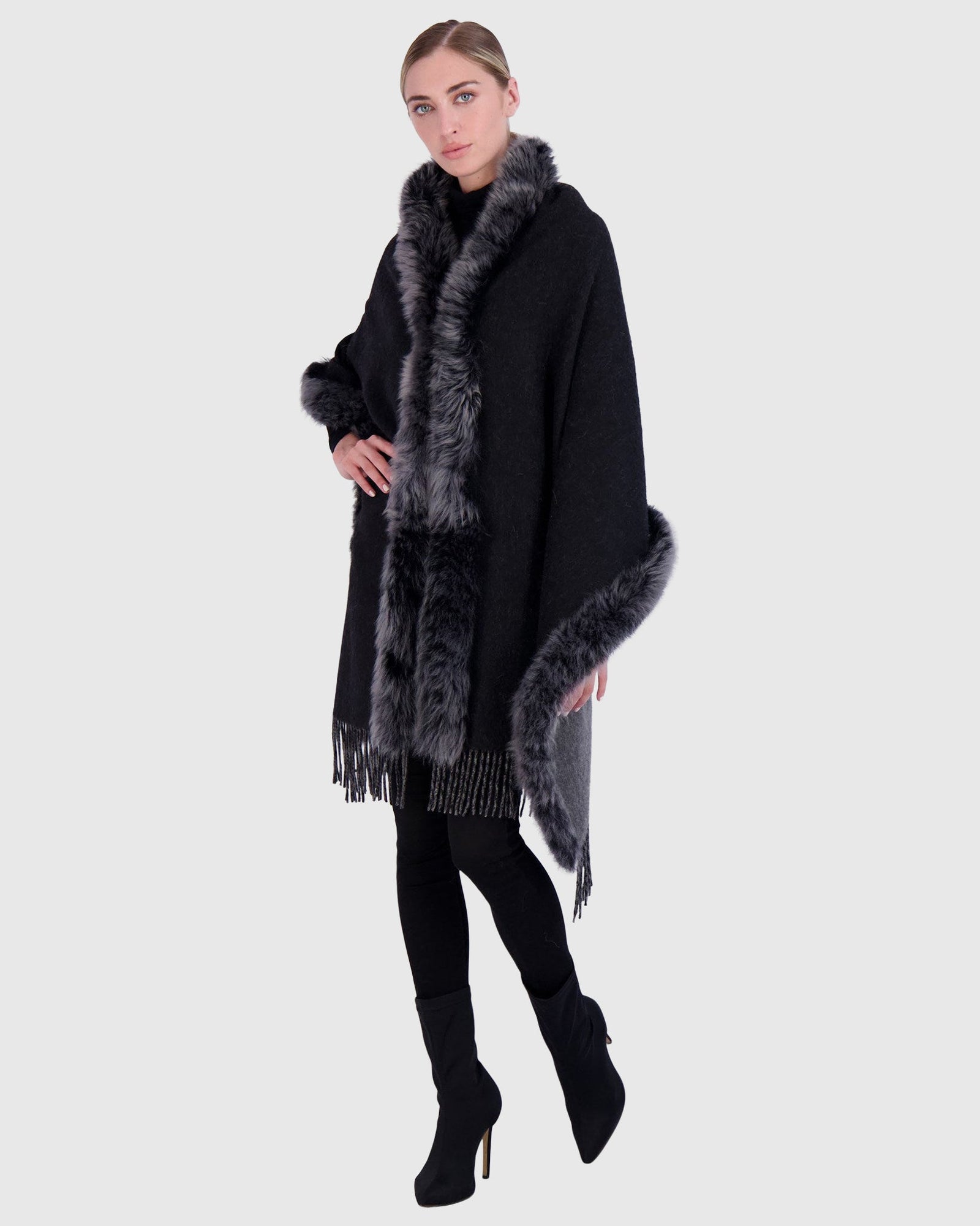 Double Face Cashmere & Wool Stole with Select Lamb Trim | Black/Gray