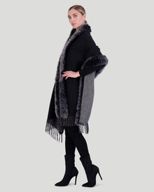 Double Face Cashmere & Wool Stole with Select Lamb Trim | Black/Gray