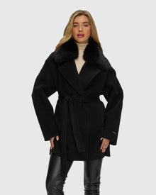 Double Face Loro Piana Cashmere & Wool Belted Jacket With Detachable Merinillo Shearling Lamb Trim | Black/Black