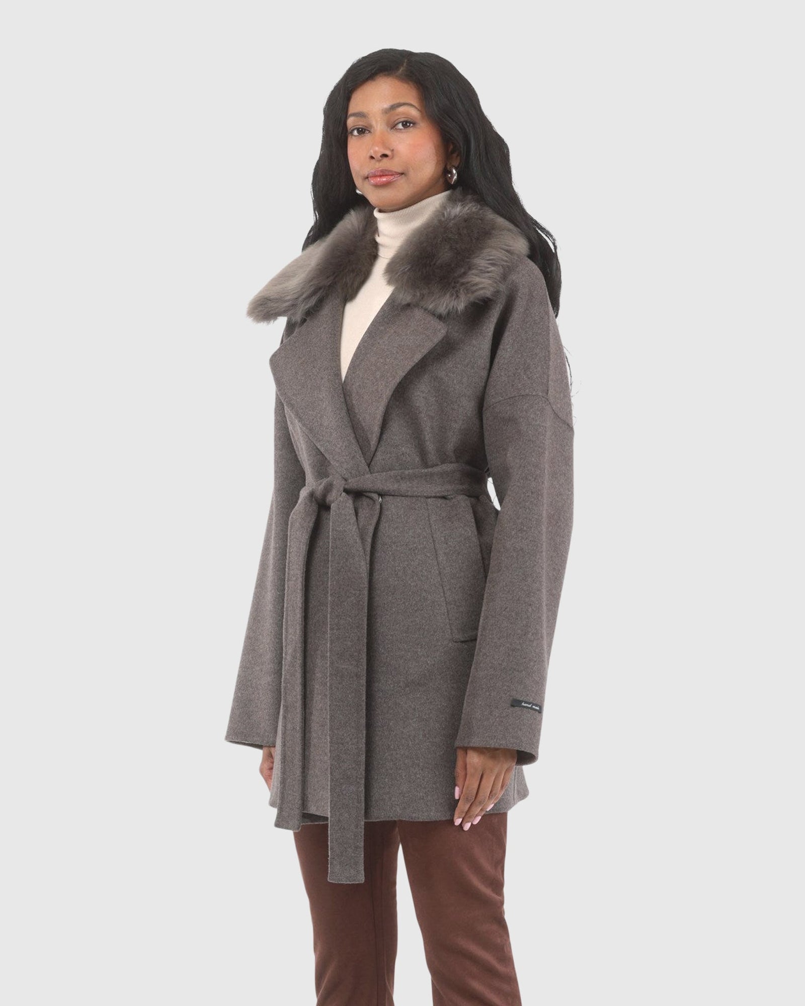 Double Face Loro Piana Cashmere & Wool Belted Jacket With Detachable Merinillo Shearling Lamb Trim | Brown/Light Brown