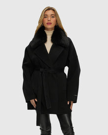 Double Face Loro Piana Cashmere & Wool Belted Jacket With Detachable Merinillo Shearling Lamb Trim | Black/Black