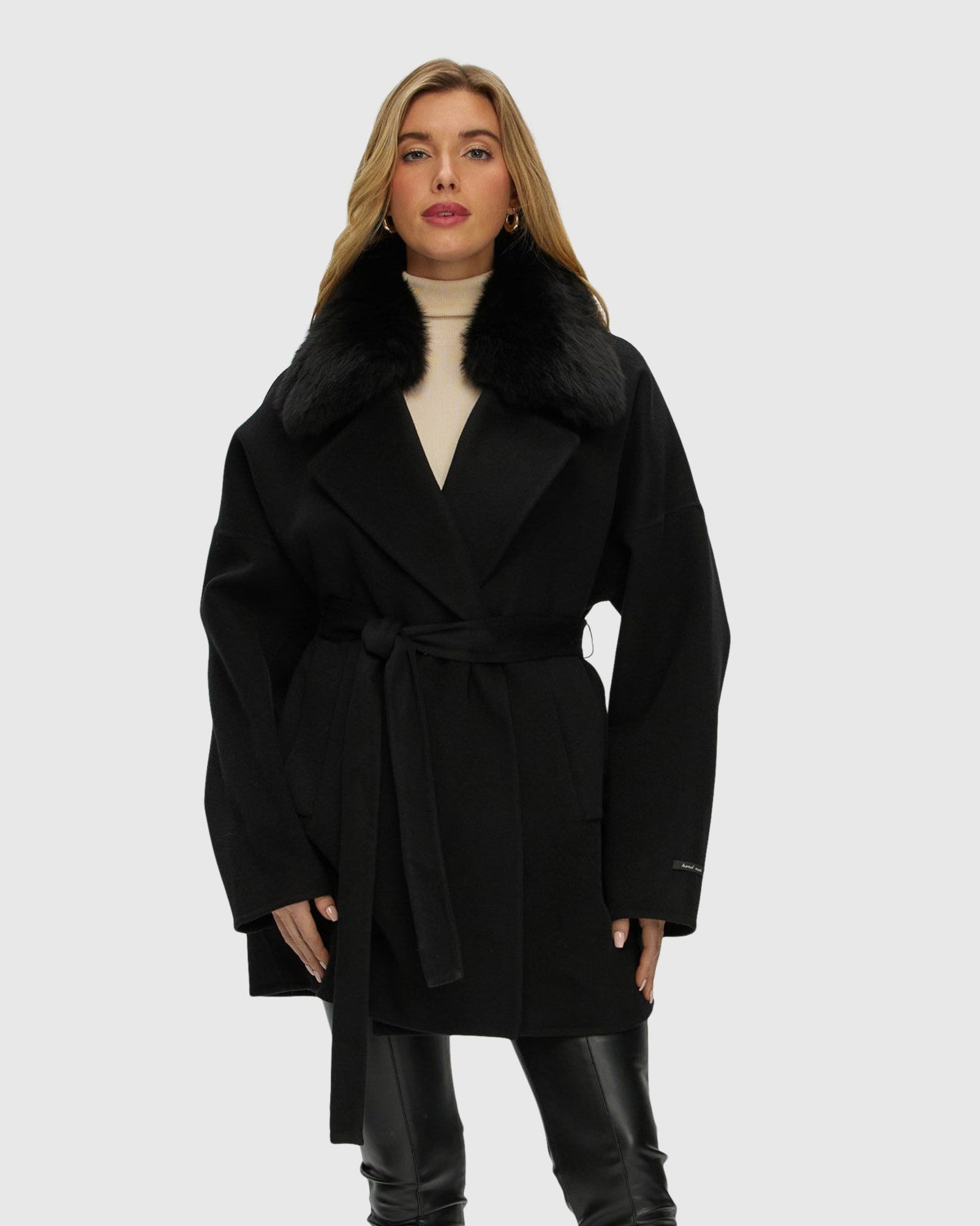 Double Face Loro Piana Cashmere & Wool Belted Jacket With Detachable Merinillo Shearling Lamb Trim | Black/Black