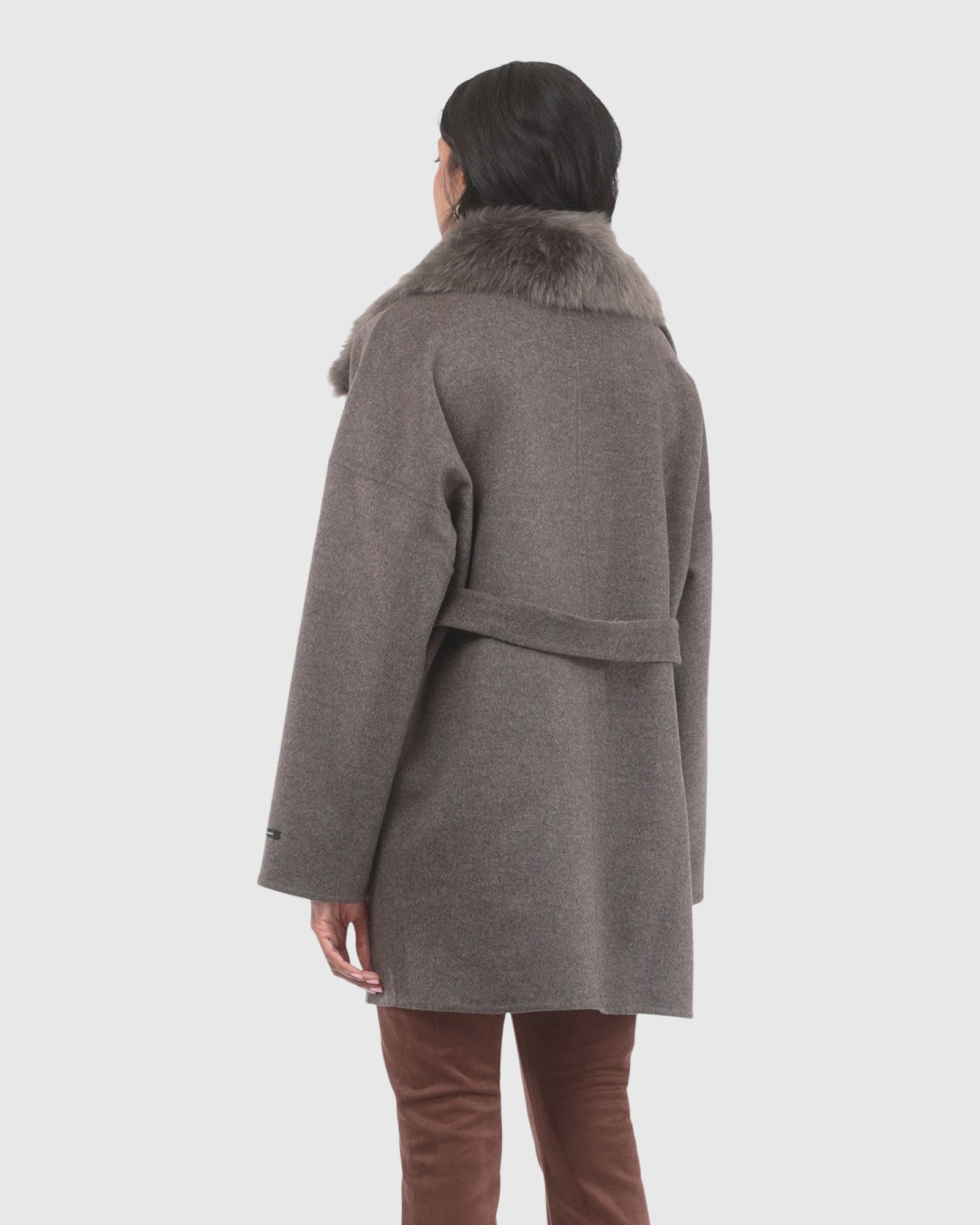 Double Face Loro Piana Cashmere & Wool Belted Jacket With Detachable Merinillo Shearling Lamb Trim | Brown/Light Brown