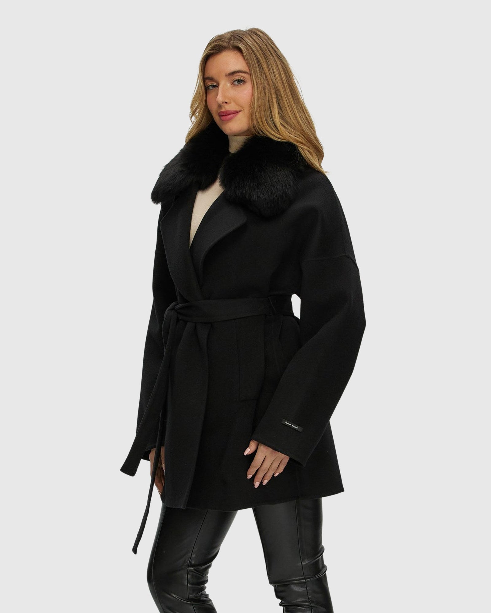 Double Face Loro Piana Cashmere & Wool Belted Jacket With Detachable Merinillo Shearling Lamb Trim | Black/Black