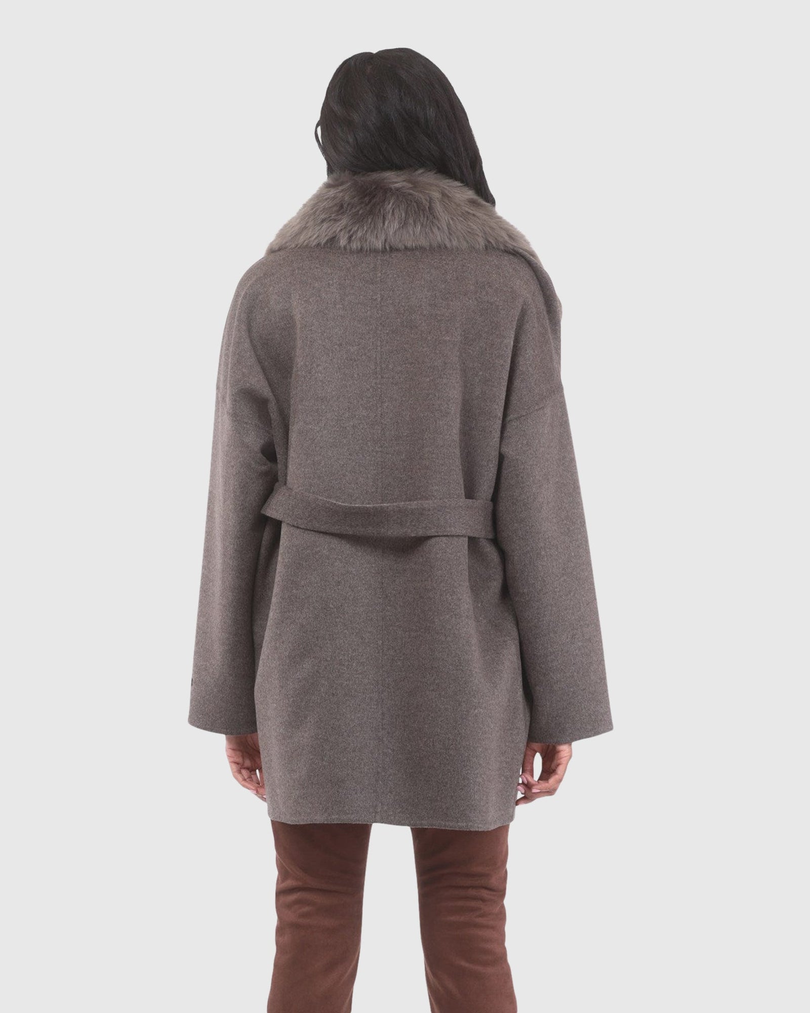 Double Face Loro Piana Cashmere & Wool Belted Jacket With Detachable Merinillo Shearling Lamb Trim | Brown/Light Brown