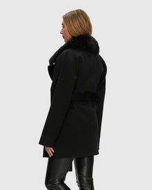 Double Face Loro Piana Cashmere & Wool Belted Jacket With Detachable Merinillo Shearling Lamb Trim | Black/Black