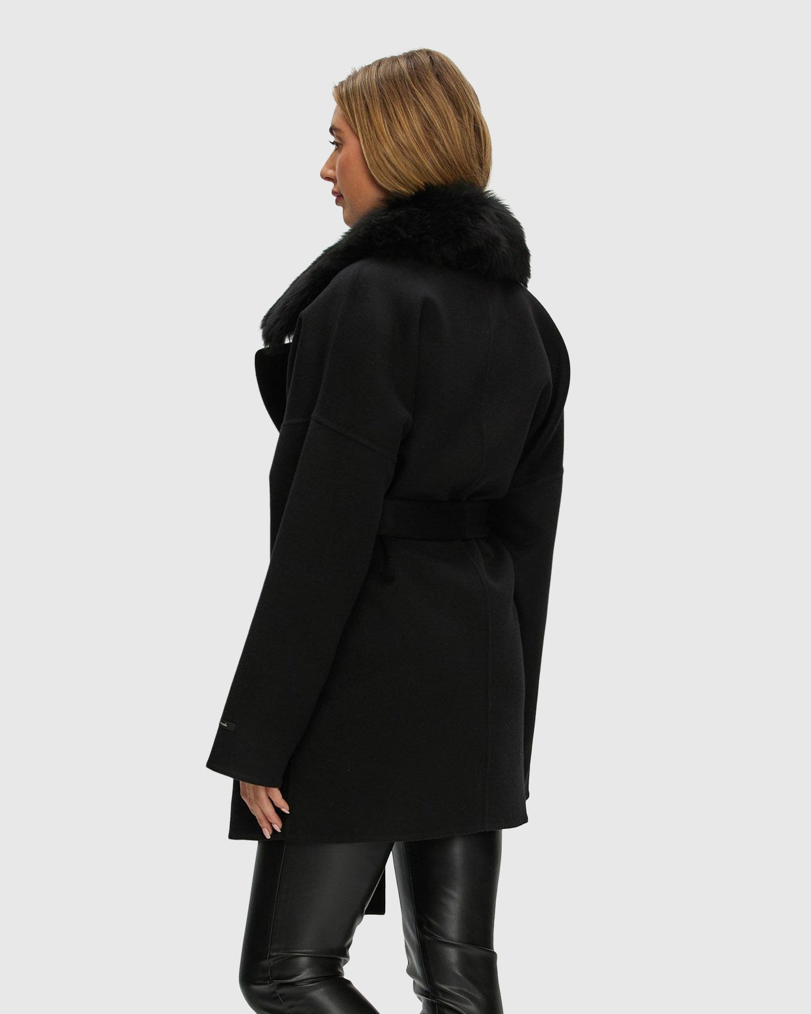 Double Face Loro Piana Cashmere & Wool Belted Jacket With Detachable Merinillo Shearling Lamb Trim | Black/Black