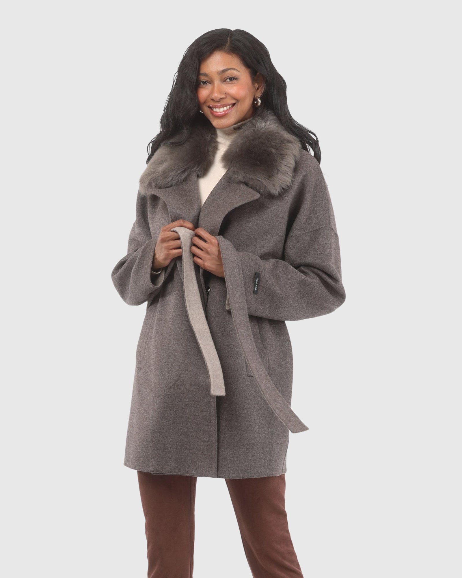 Double Face Loro Piana Cashmere & Wool Belted Jacket With Detachable Merinillo Shearling Lamb Trim | Brown/Light Brown