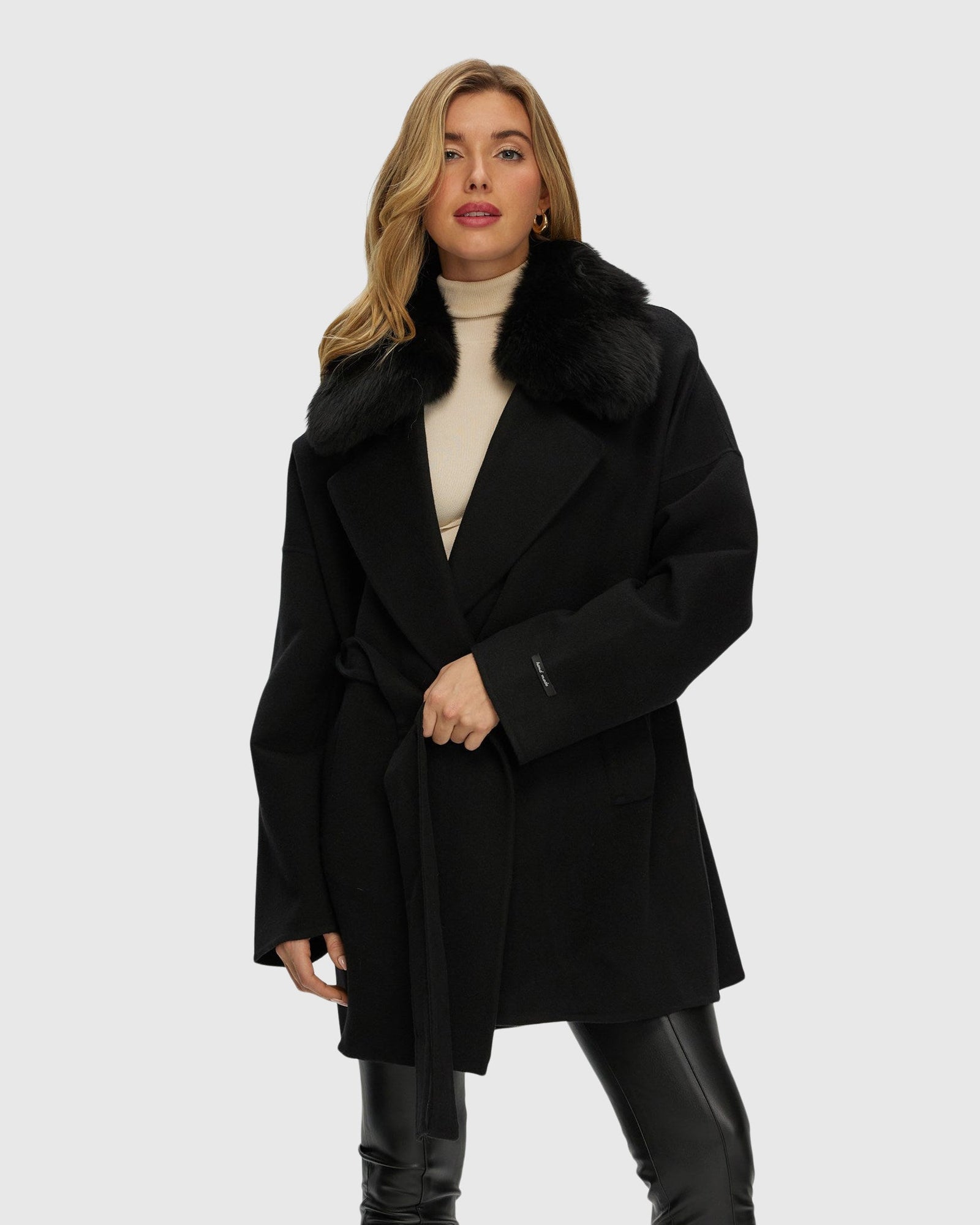 Double Face Loro Piana Cashmere & Wool Belted Jacket With Detachable Merinillo Shearling Lamb Trim | Black/Black