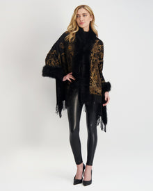 Double Face Select Cashmere Stole With Toscana Shearling Lamb Trim | Women | Black Gold Paisley