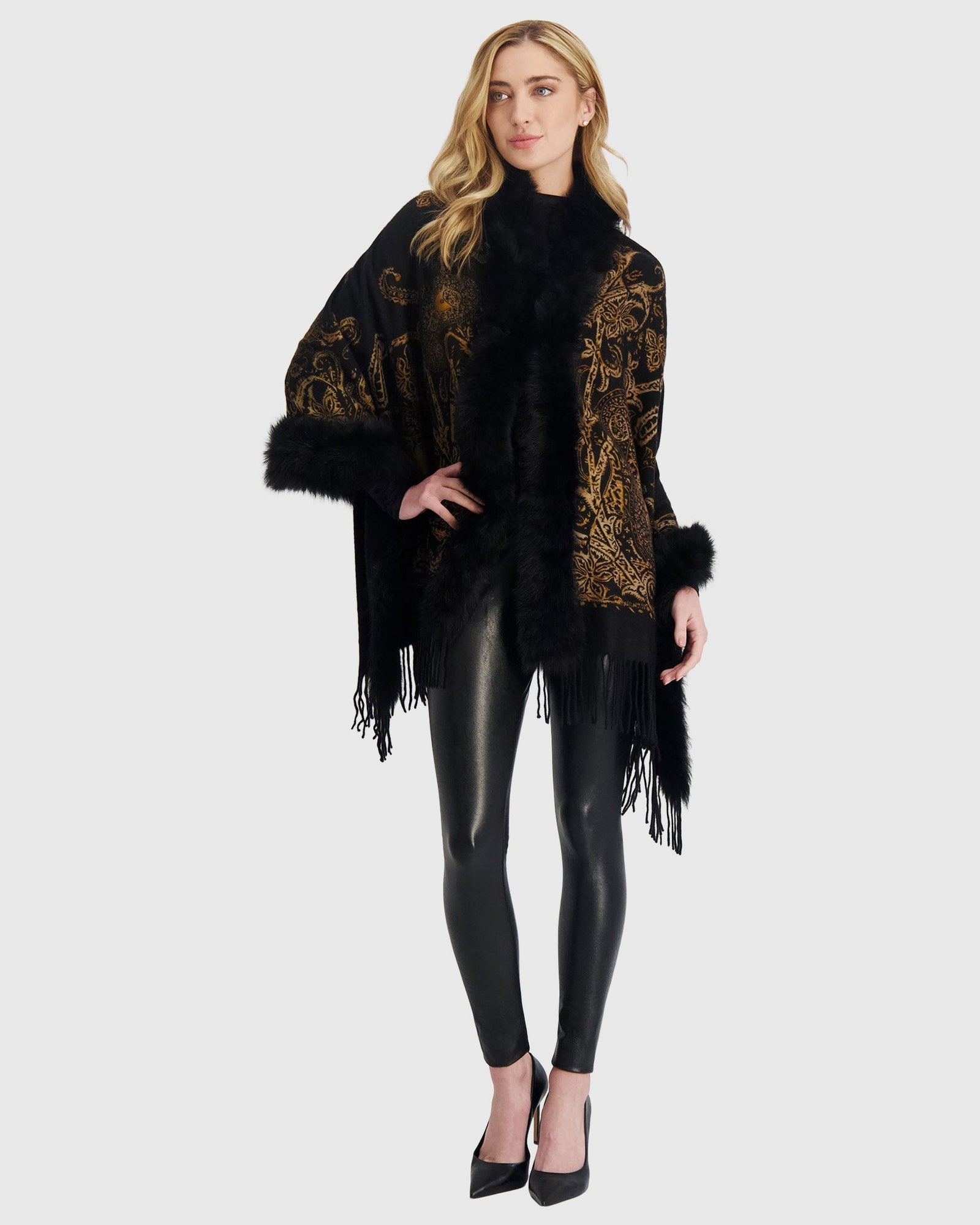 Double Face Select Cashmere Stole with Toscana Shearling Lamb Trim | Black Gold Paisley