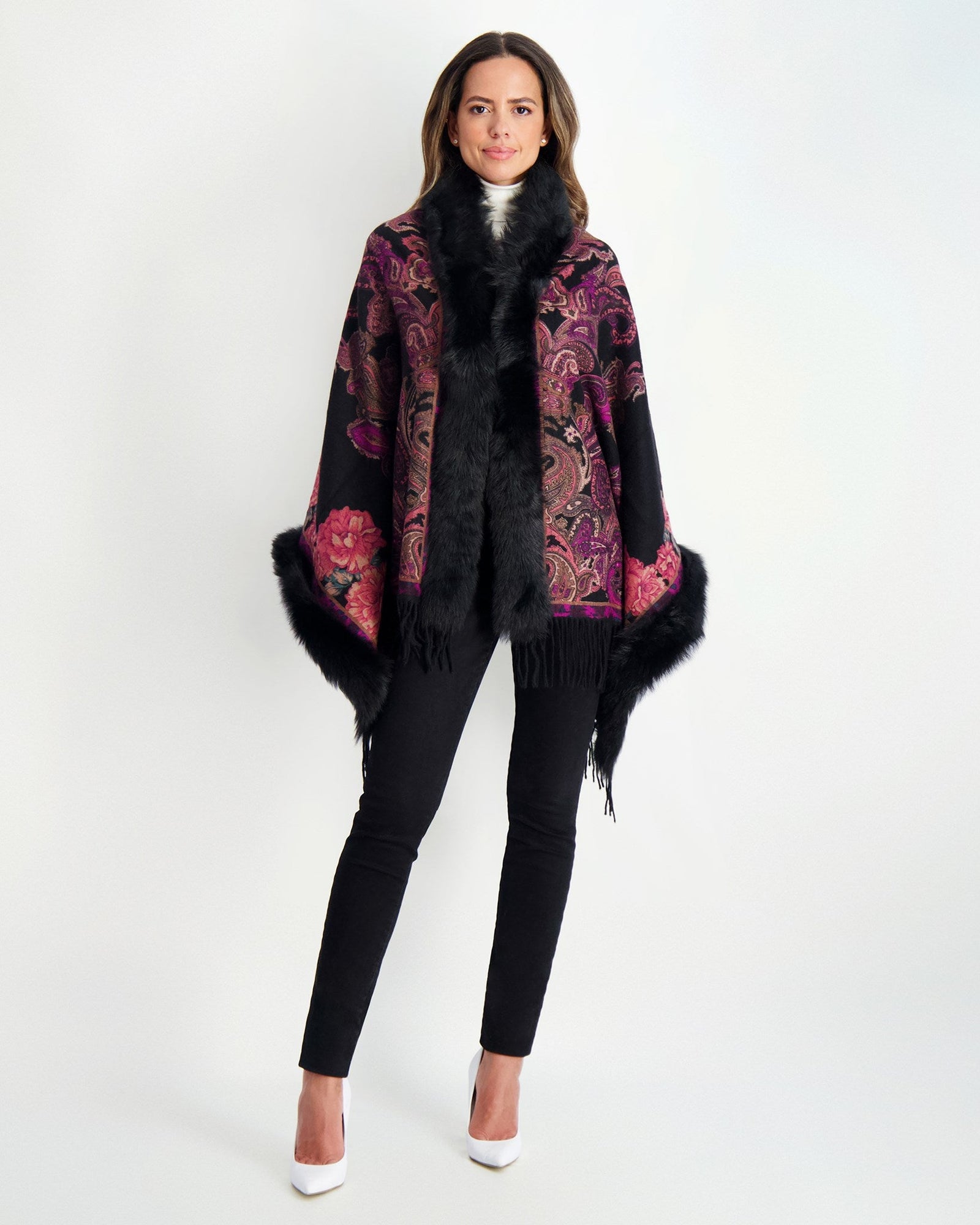 Double Face Select Cashmere Stole With Toscana Shearling Lamb Trim | Women | Red Paisley