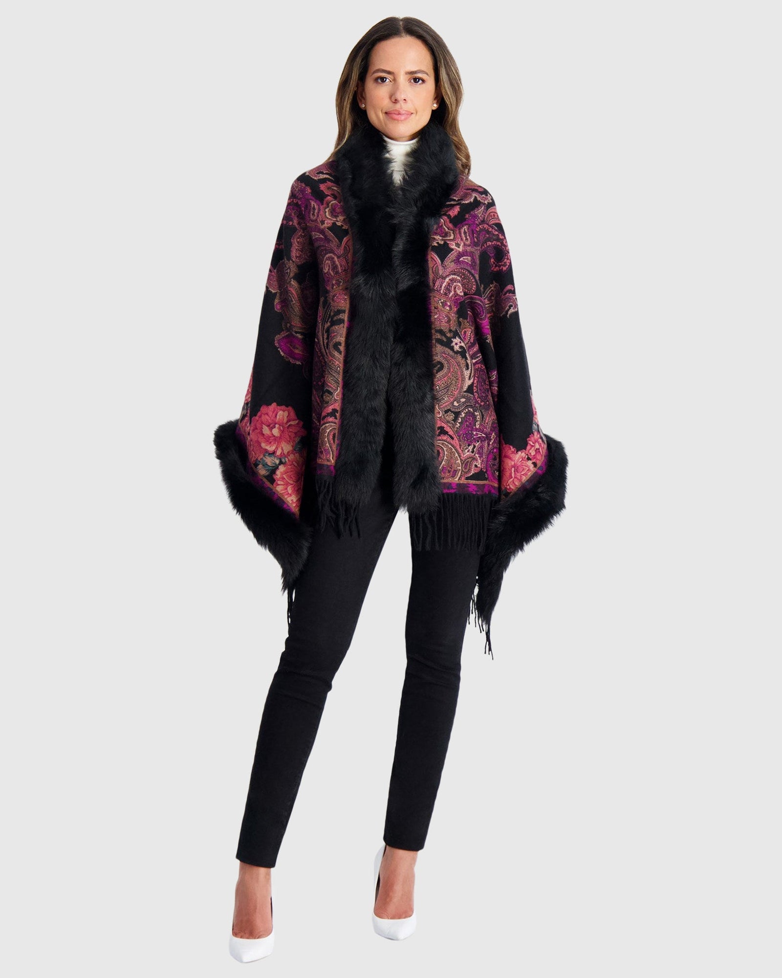 Double Face Select Cashmere Stole with Toscana Shearling Lamb Trim | Red Paisley